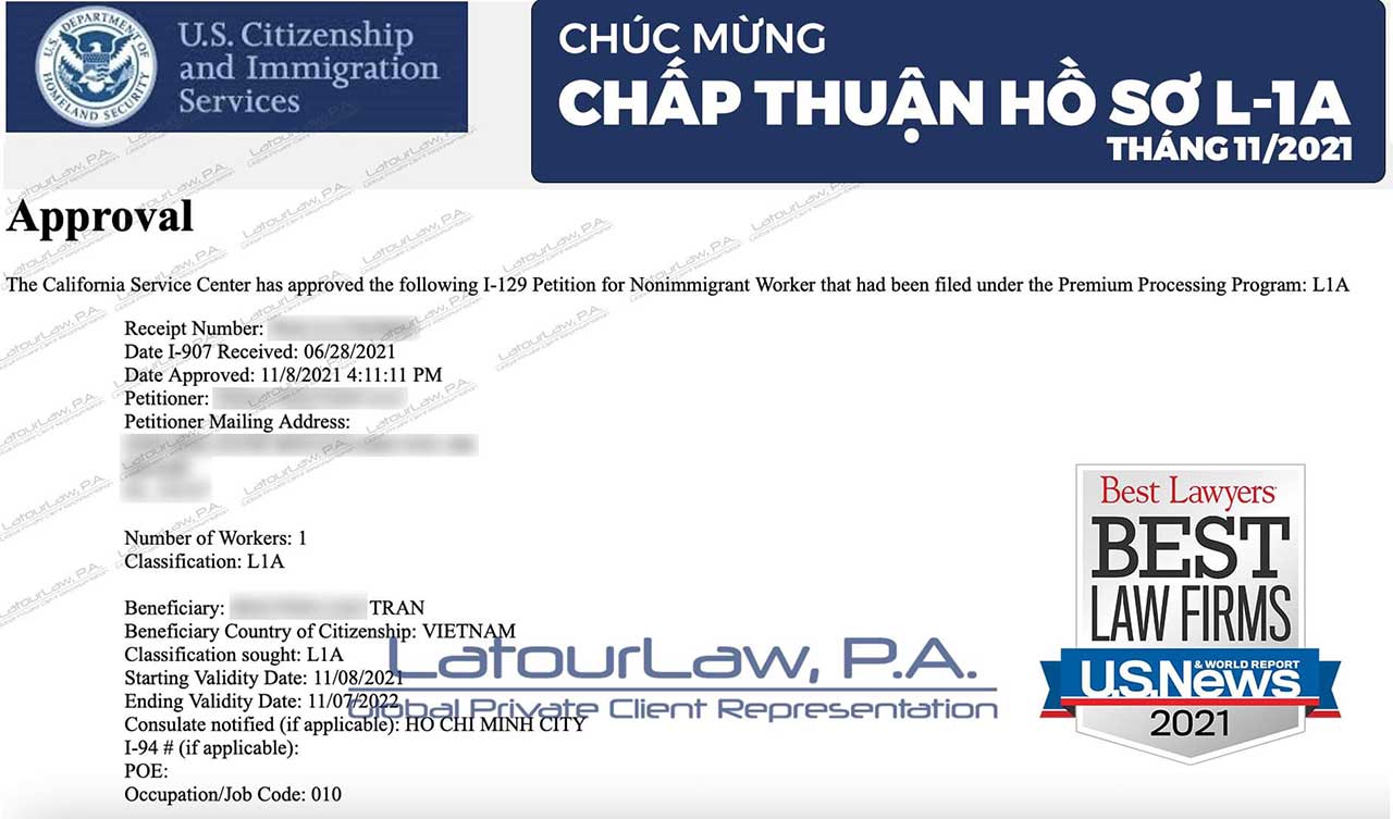 LatourLaw chúc mừng nhà đầu tư Việt Nam nhận chấp thuận visa L1 sau 120 ngày