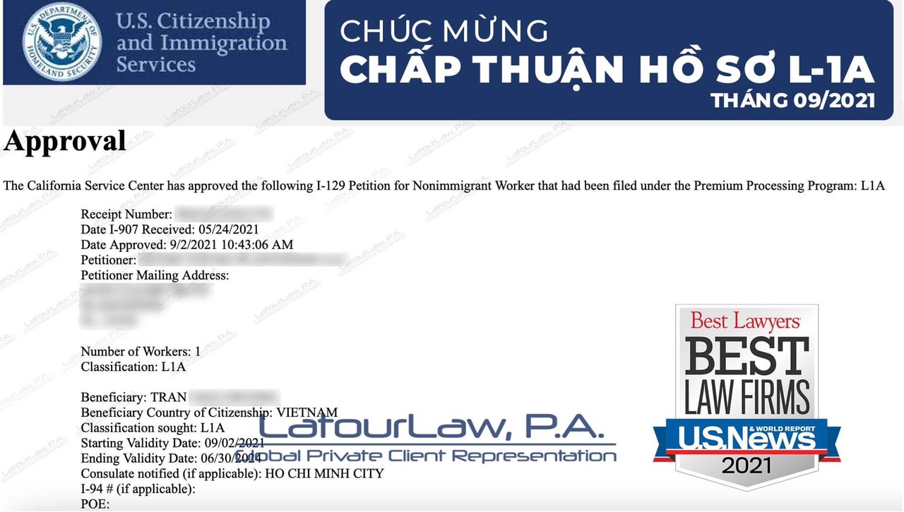 LatourLaw chúc mừng nhà đầu tư Việt Nam nhận chấp thuận L-1A sau 90 ngày