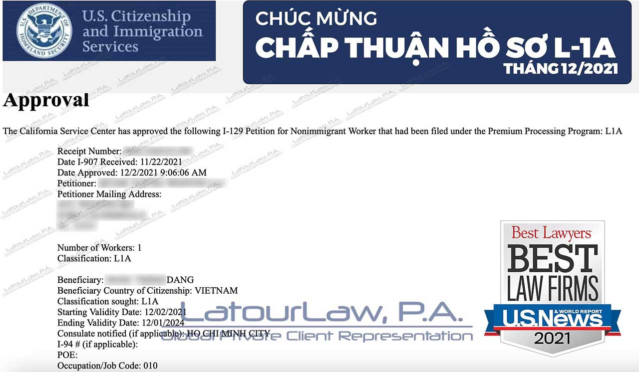 Latourlaw chúc mừng nhà đầu tư Việt Nam nhận chấp thuận L-1A sau 10 ngày