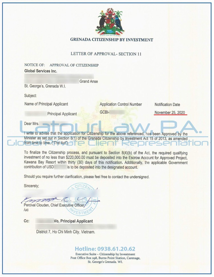 Thư chấp thuận nhập tịch Grenada của nhà đầu tư LatourLaw.